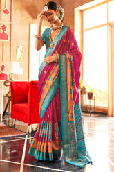 Rani Pink Mercerized Sigma Silk ︎With Classical Patola Design And SambalPuri Print With Aqua Finish